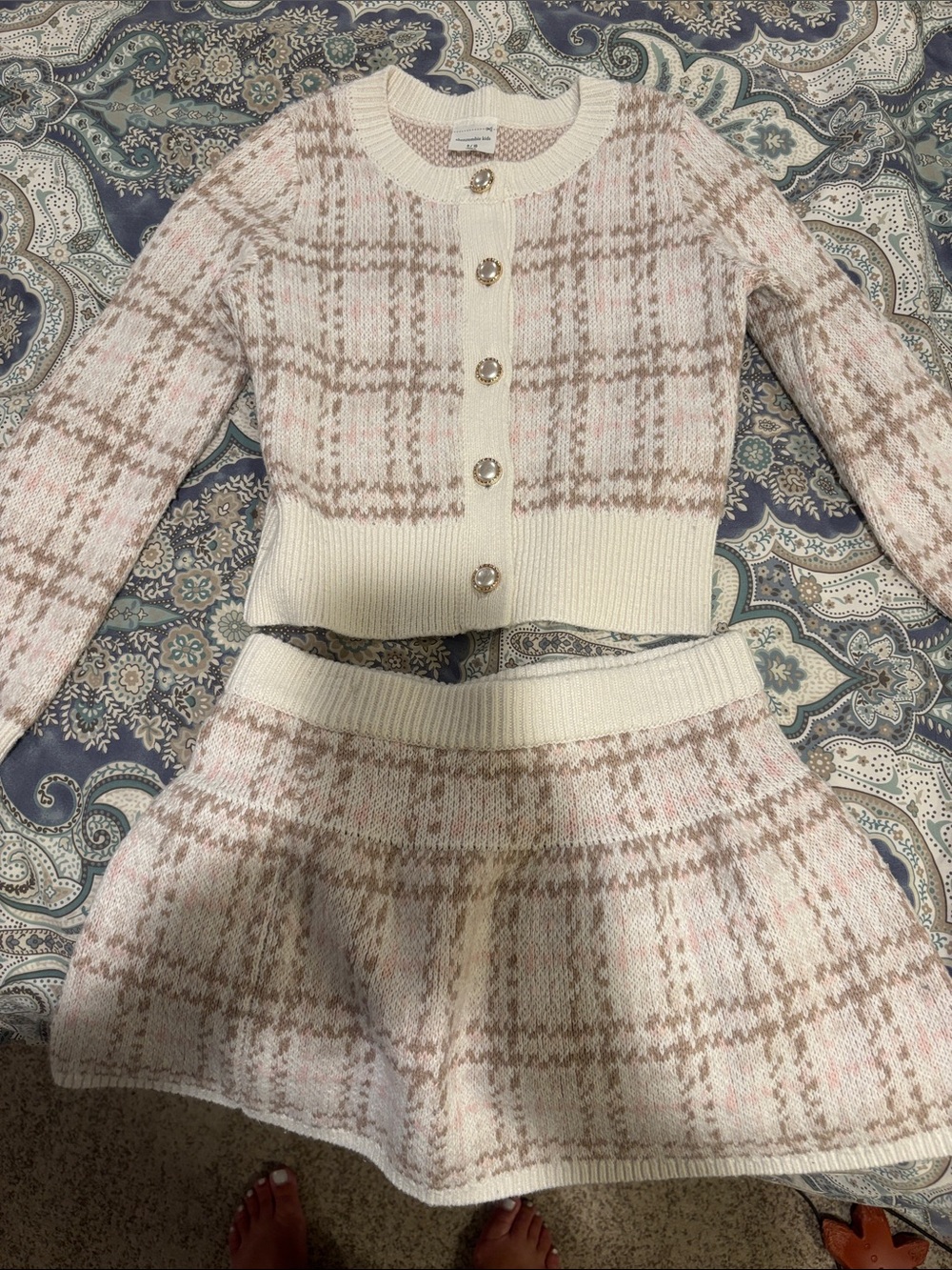 abercrombie kids Cream and Blush Plaid Knit Cardigan & Skirt Set